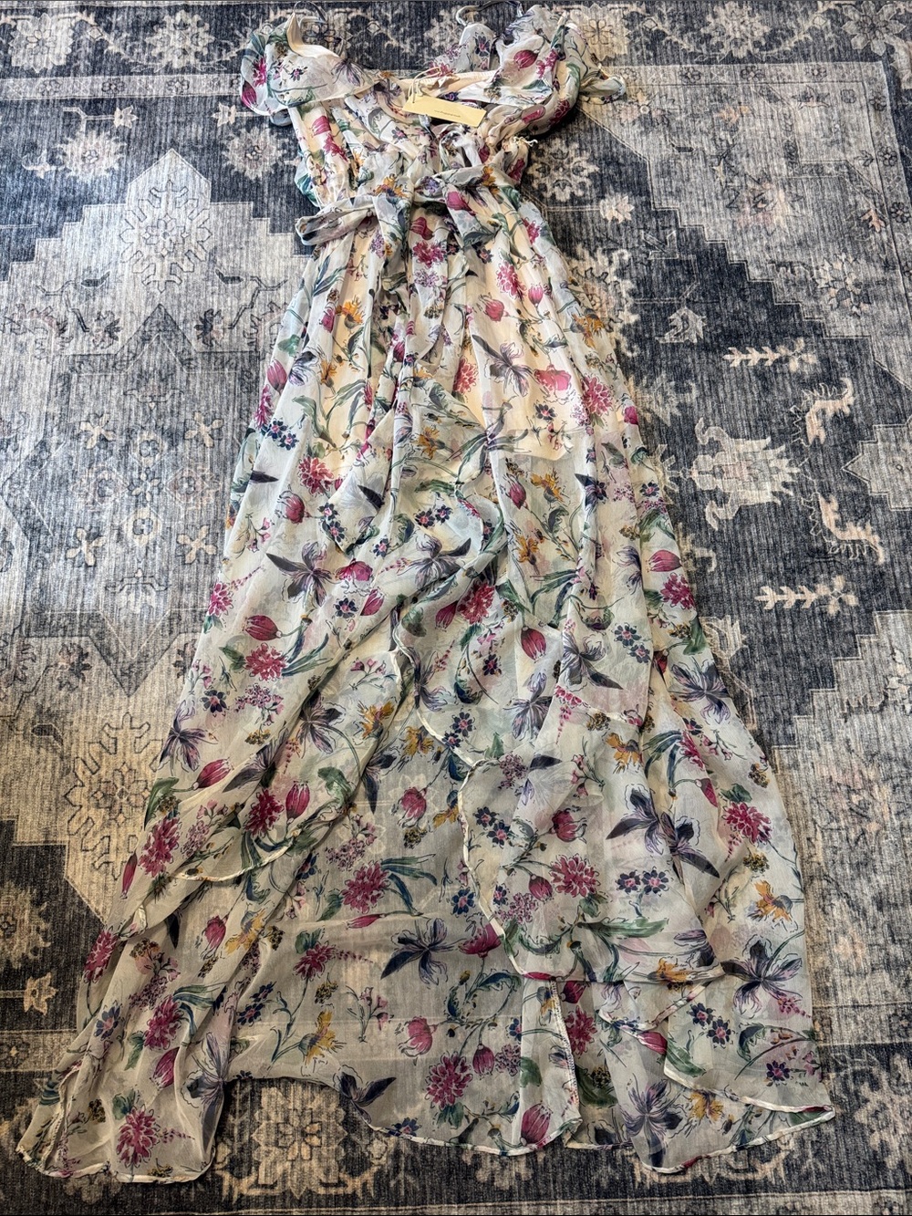 Pastel Floral Ruffle Maxi Dress - Cream with Pink & Purple Floral Print